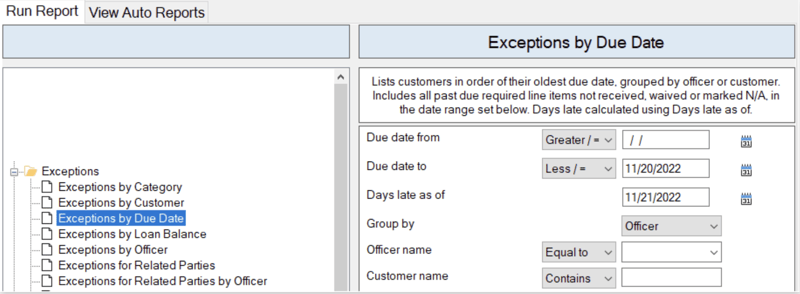 Report showing exception reporting by groups and filters